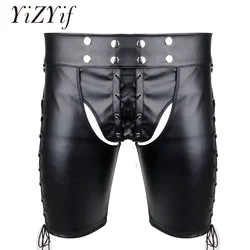 YiZYiF Gay fetish Men underwear Faux Leather Lace Up Pants Open Butt Shorts wetlook Bondage Open Cortch Shorts Gothic Gay Men