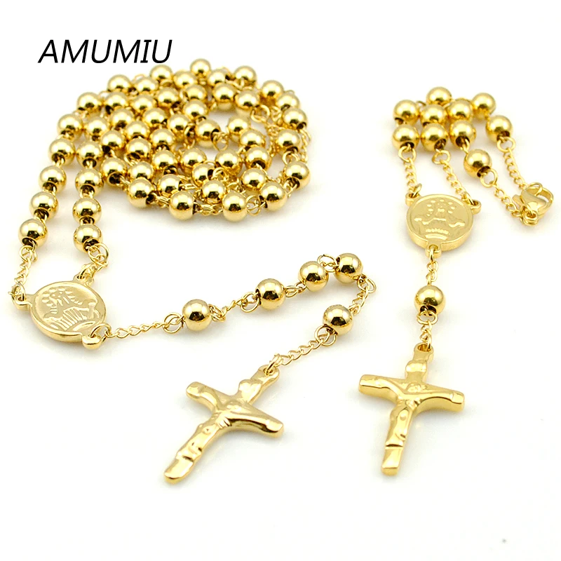 AMUMIU 6mm Beads Chain Gold Color Rosary Bracelet Necklace Sets 2piece/Set Cross Regilious Men Women Jewelry HZTZ075