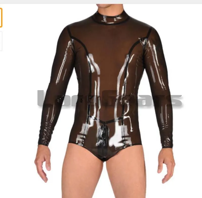 Catsuit de látex negro transparente hecho a mano para hombre, traje de baño Sexy de goma de látex Zentai de talla grande hecho a medida