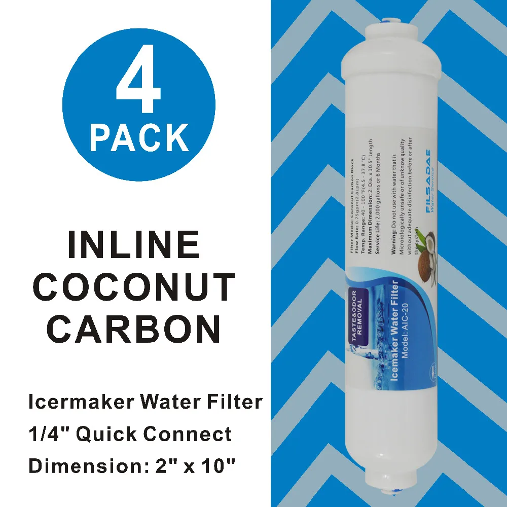 4 PACK 10-Inch Inline Coconut Carbon filters Icemaker and Refrigerator RO Dispenser Drinking Water Filter 1/4