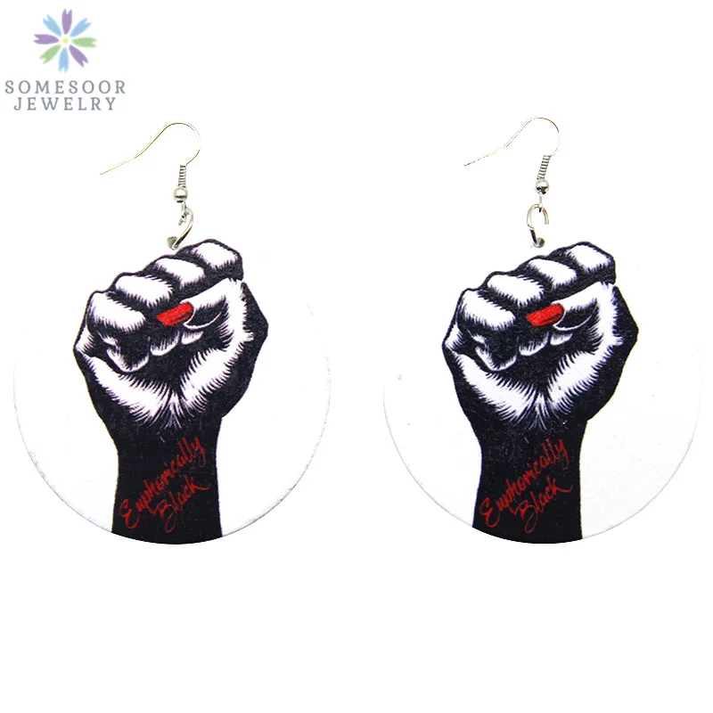 SOMESOOR Painted Women Fist African Wood Drop Earrings Euphorically Black Power Afrocentric Ethnic Pendant Jewelry Club Gifts