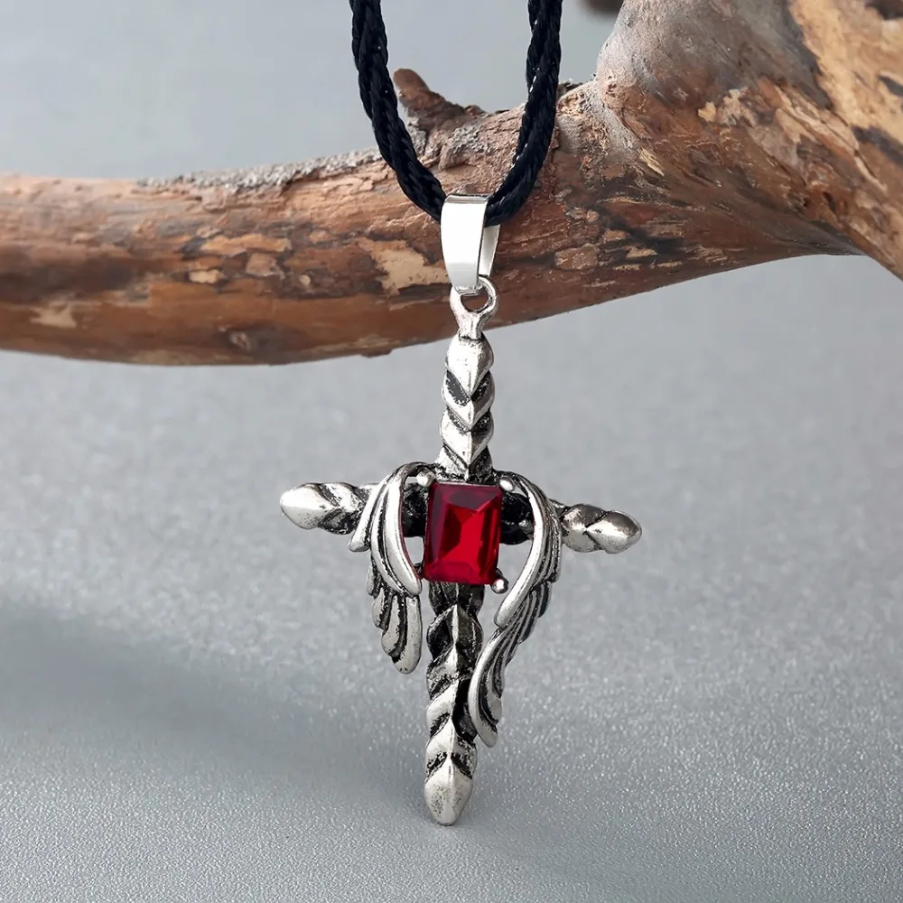 Kinitial Gothic Punk Style Red Cubic Zirconia Inlay Dragon Cross Wings Pendant Necklace for Men Charm Choker Jewelry