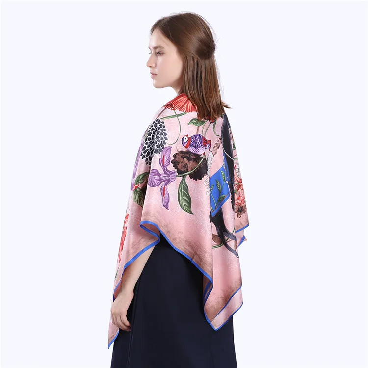 POBING Luxury Brand 100%Twill Silk Scarf Woman Square Scarves Wraps Flower Horse Print Silk Foulard Female Large Hijab 130CM