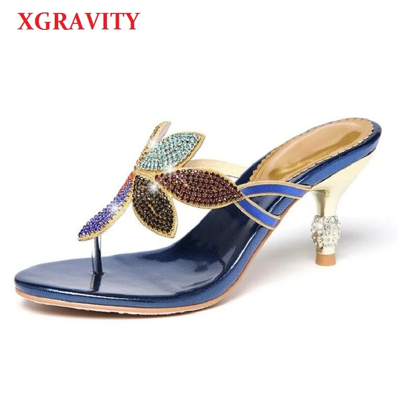 XGRAVITY Summer Shoes New Lady Thin Heel Pumps Sexy Crystal Rhinestone Design Women Shoes Elegant Ladies Flip Flop Slippers B102