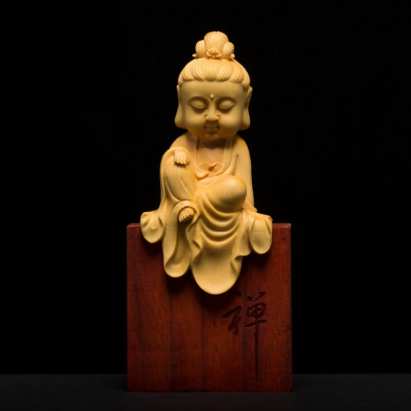 Premium Boxwood Crafted Shakyamuni - Distinguished Wooden Buddha Statue Ensemble, Solid Wood Mastery