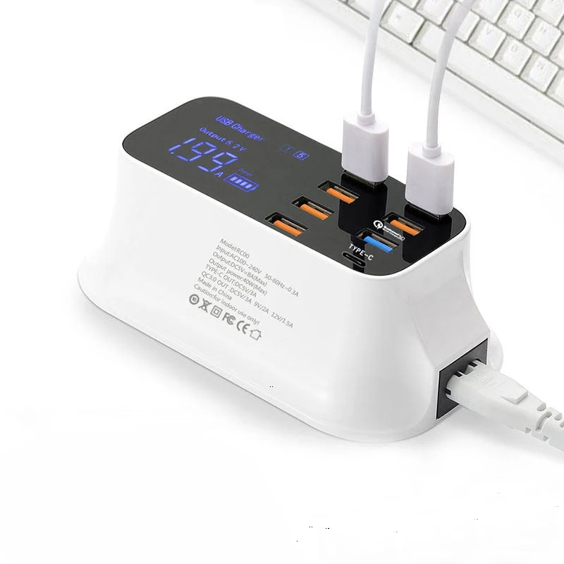 Quick Charge 3.0 USB Charger Station 7 USB LED Display Type C Fast Charging Desktop Adapter For iPhone Xs MAX iPad SAMSUNG S9+S8