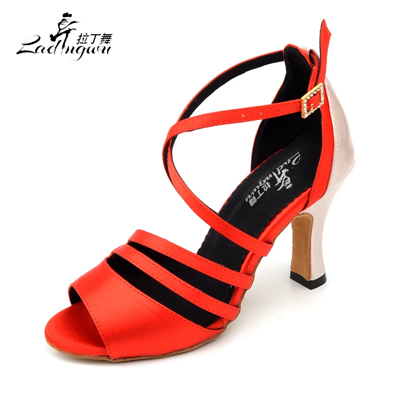 

Ladingwu 2018 New Black/Red Latin Dance Shoes Women Satin Collocation Rhinestone buckle Salsa Ballroom Soft Bottom Dance Shoes