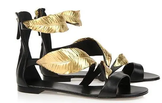 Gullick Big Size Gold Leaves Sandals High Heel Cut Outs Ankle Wrap Open Toe Summer Dress Shoes Zipper Thin Heels Cage Shoes