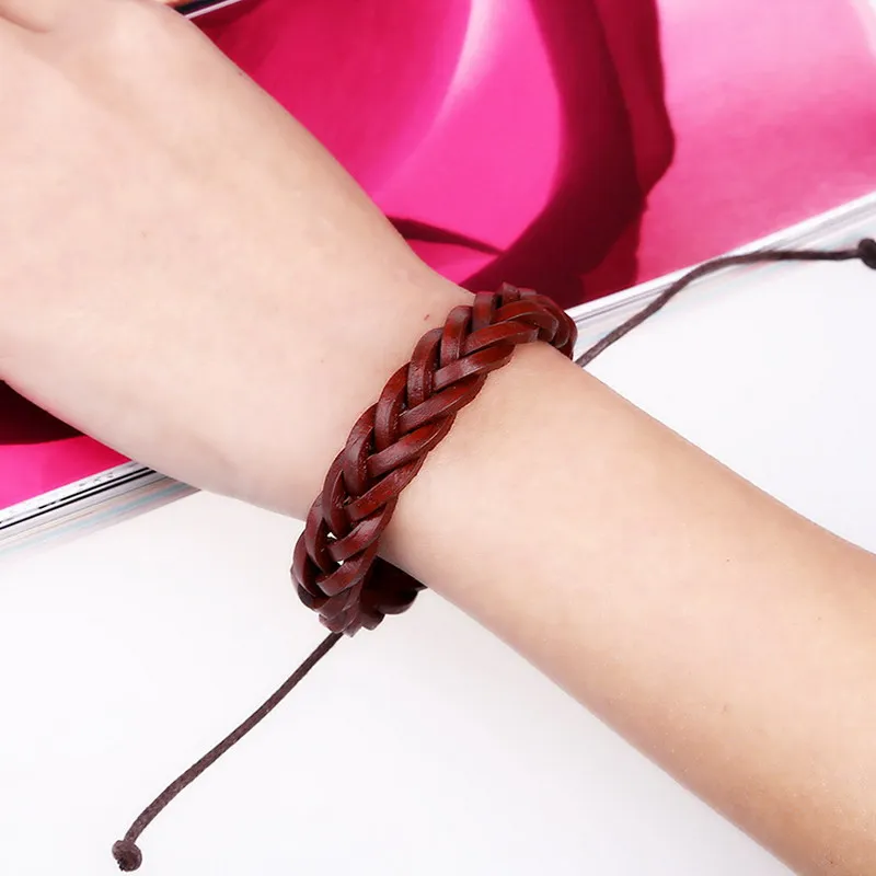 SHAOJIA Vintage Bracelet Handmade Woven Elegant Brown Leather Bracelets & Bangles For Women Men Jewelry Fashion Accessory