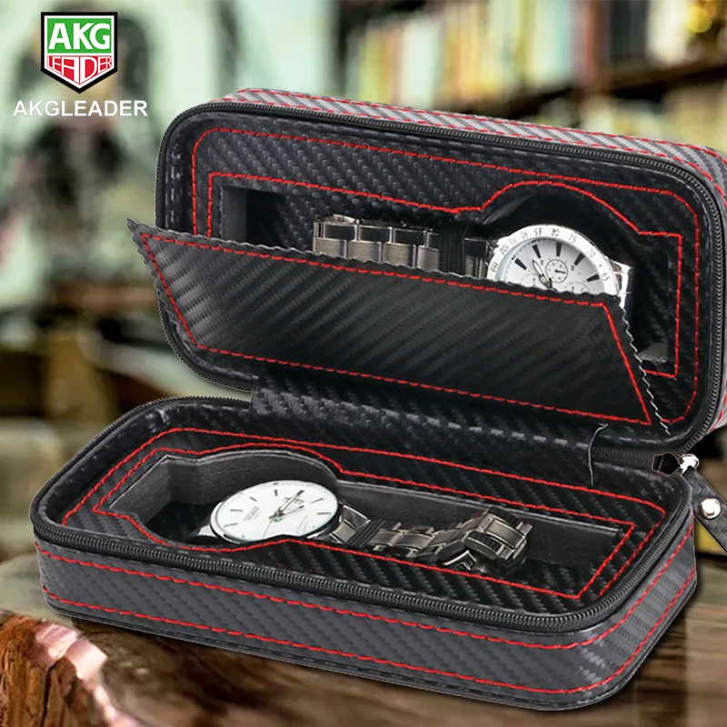 2/4/8 Slot Portable Carbon Fiber Leather Watch Zipper Storage bag Travel Jewlery Watch Box Bag Case Personalized Luxury Gift