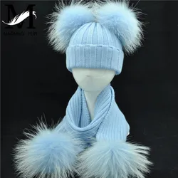 Winter Real Fur Scarf and Hat Set Kids Big Real Raccoon Fur Balls Hat Double Fur Pom Pom Beanies Children Girls Warm  Scarf Cap