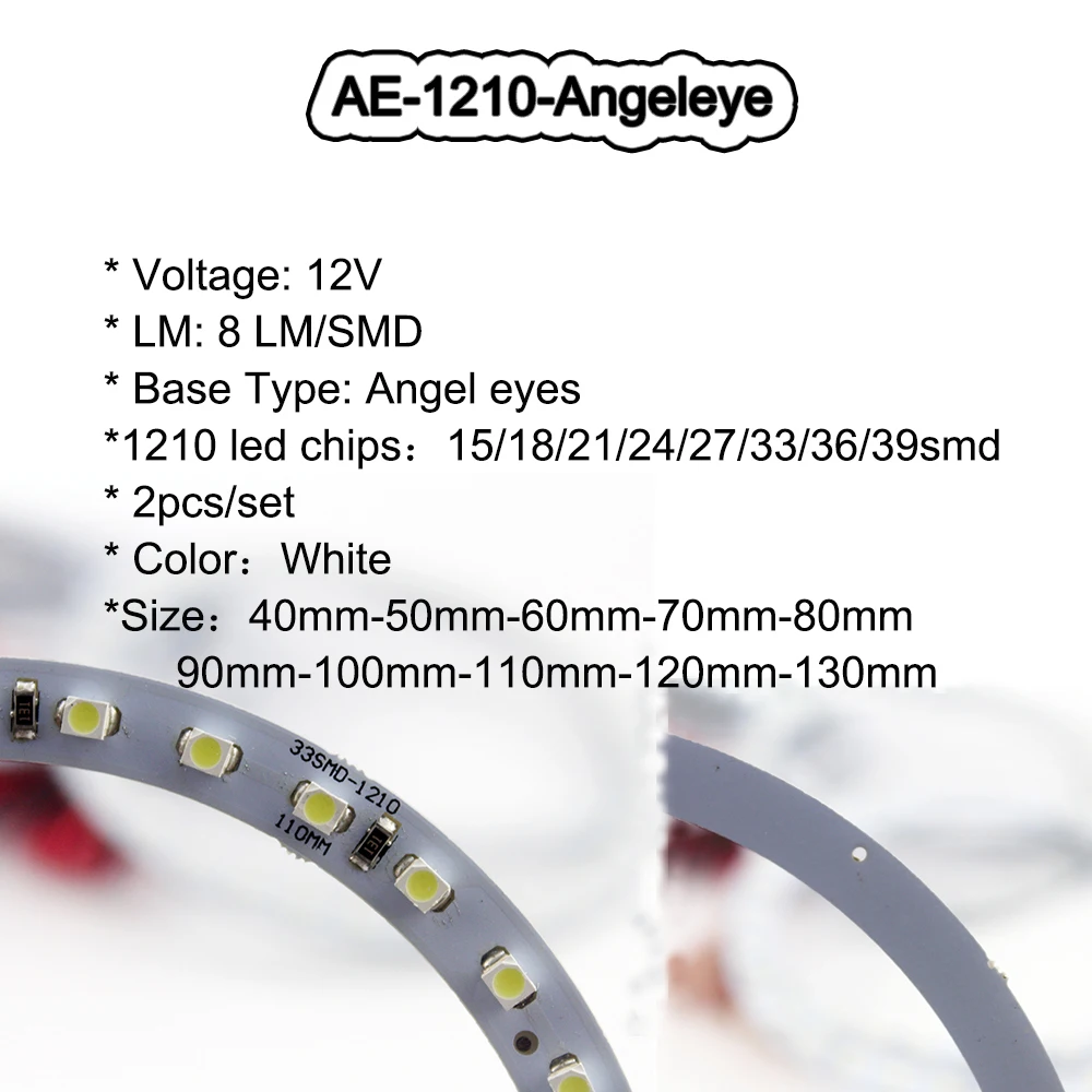 2 pezzi 12V 1210 Led SMD Angel Eye Led Halo Rings fendinebbia luce diurna guida faro 40mm 50mm 60mm 70mm 80mm bianco