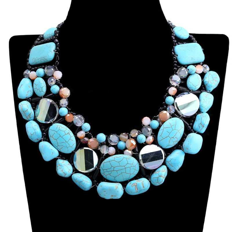 Popular High-end Statement Turquoise Necklace, Fashionable Handmade Crystals Beaded Bib Choker Necklaces for Women Party Jewelry