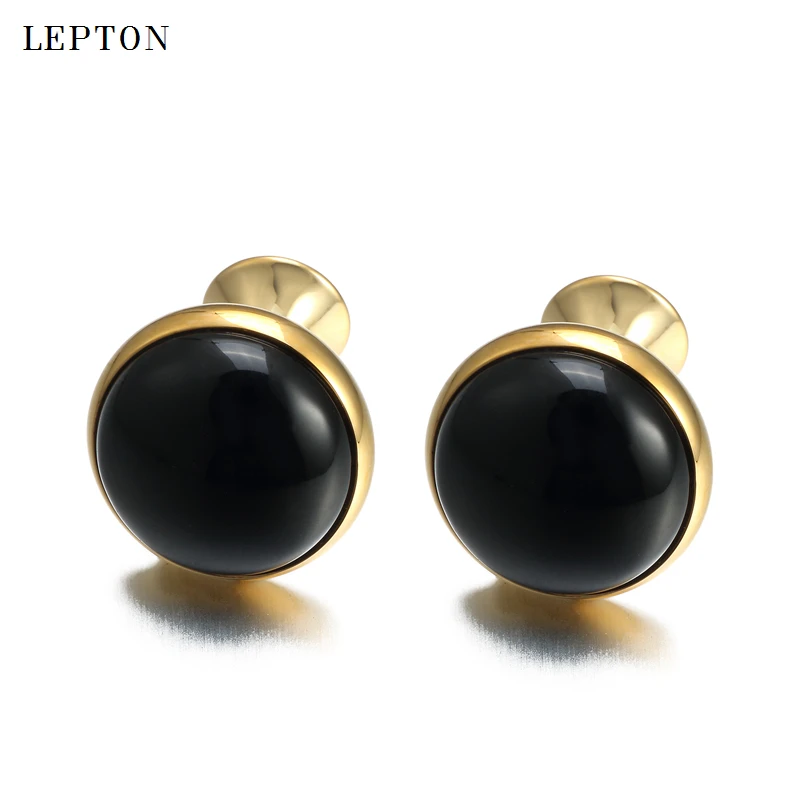 Low-key Luxury Black Onyx Cufflinks for Mens Business Lepton High Quality Gold Color Round Onyx Stone Cuff links Relojes gemelos