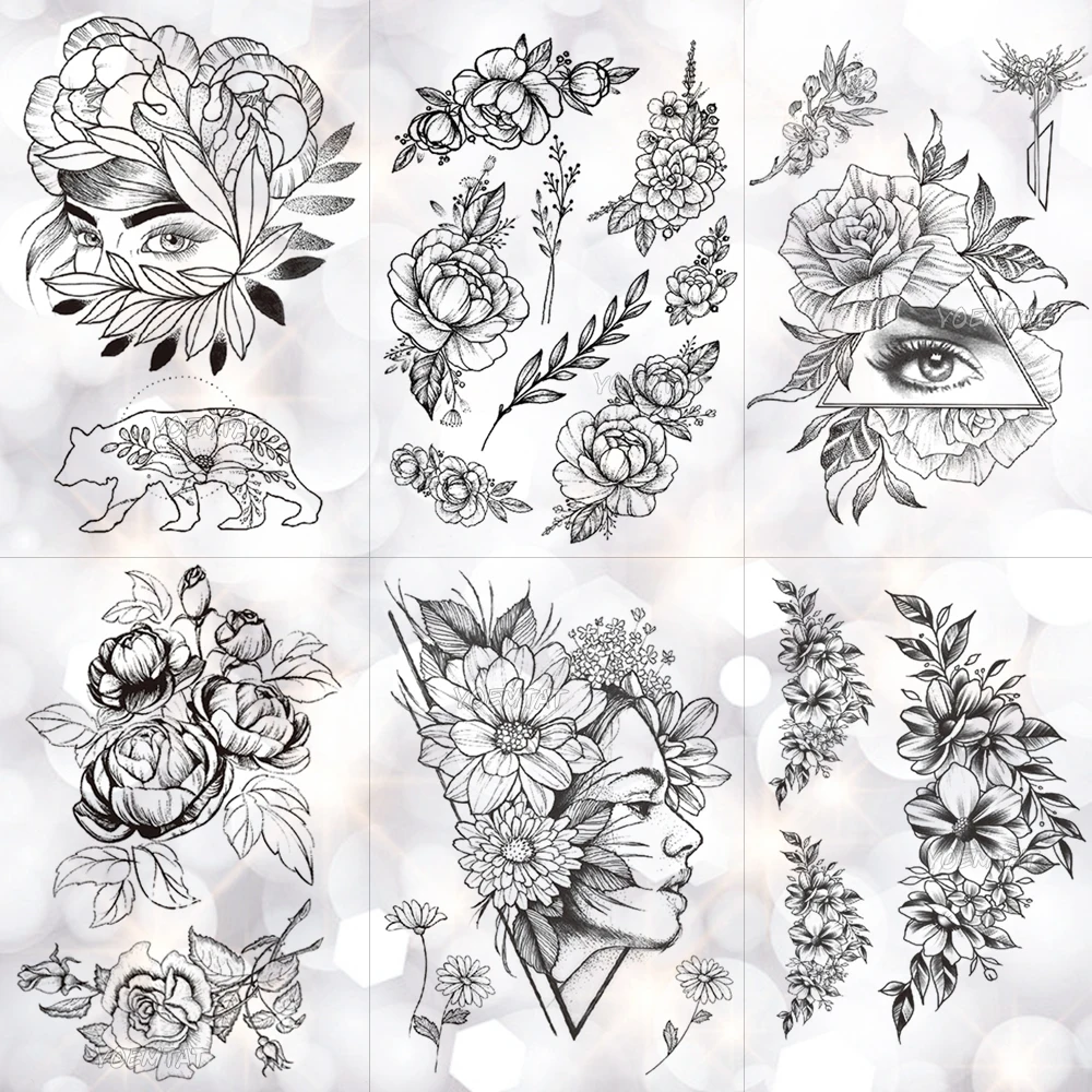 Geometric Flower Rose Eye Leaves Waterproof Temporary Tattoo Sticker Diamond Peony Black Tattoos Body Art Arm Fake Tatoo