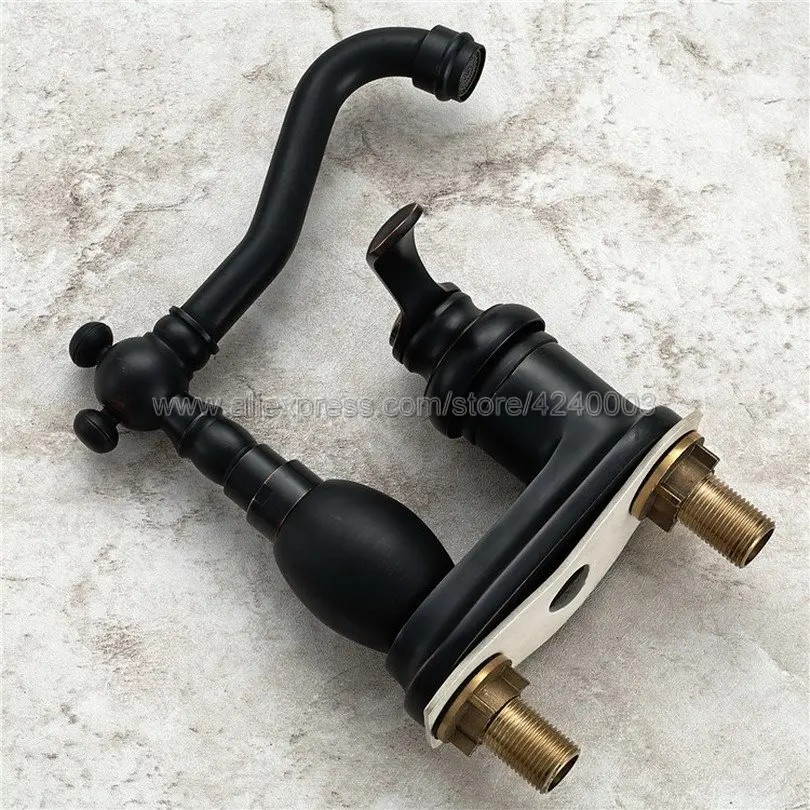 Basin Faucets Black Color Brass Deck Mounted 2 Hole Bathroom Faucets Hot and Cold Water Mixer Tap Knf287