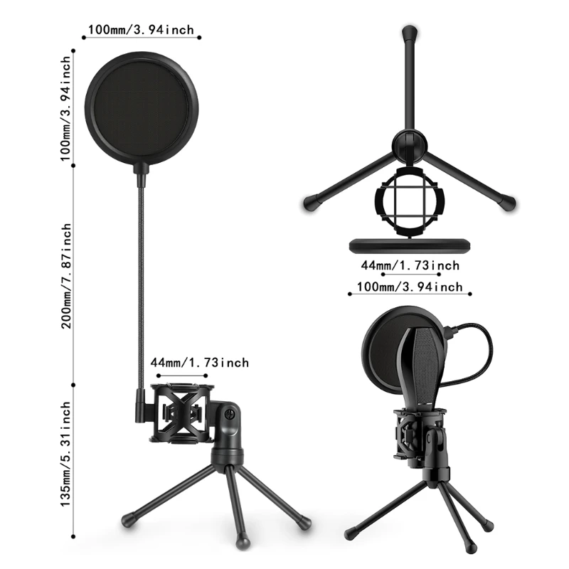 Microphone Stand Desktop Tripod Holder for Computer Video Recording with Mic Basket Holder Gooseneck Windscreen Filter Cover