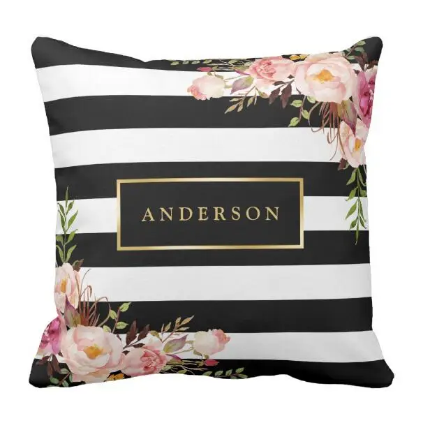 Classic Modern Personalised Black White Stripes Cushion Cover Chic Stylish Custom Name Throw Pillow Case Room Decor Girl Gifts