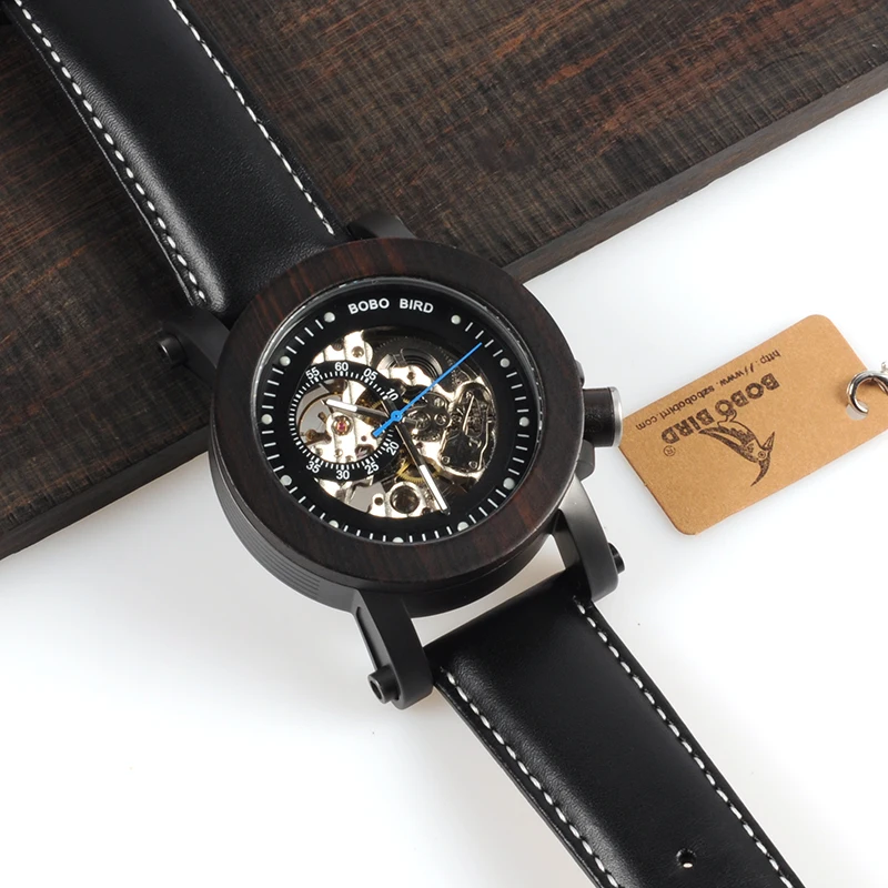 BOBO BIRD Wood Watch Men Vintage Bronze Skeleton Male Antique Steampunk Automatic Mechanical Watches relogio masculino W-K10