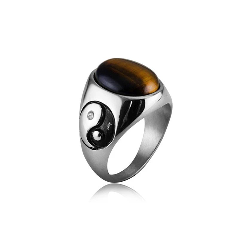 US 7 to 13 size Silver gold Men Oval Tiger Eye Brown Stones with Symbol Ring Stainless Steel Jewelry Mens Accessories Anel Aneis