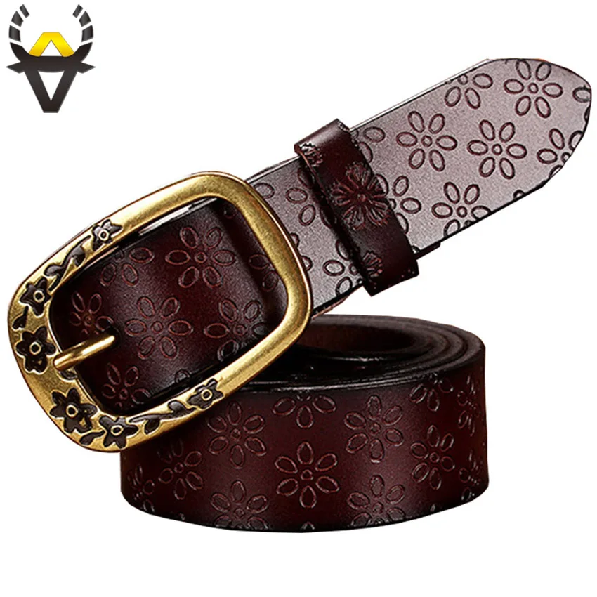 Fashion Genuine leather belts for women Vintage floral Pin buckle strap for jeans High quality second layer cow skin belt woman