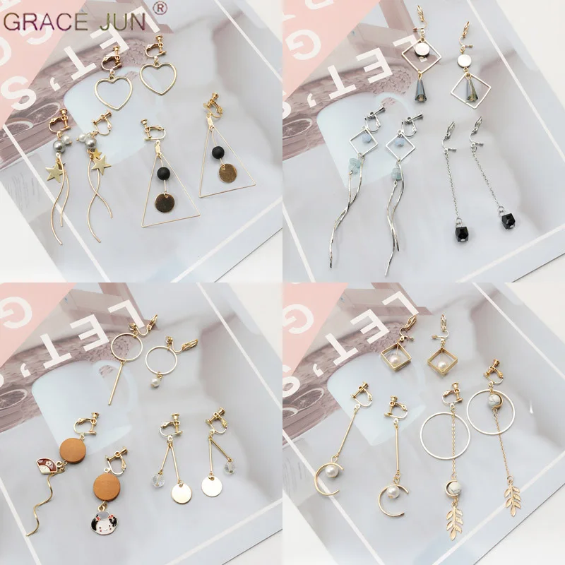 GRACE JUN 3 Pairs /set Top Qualiy Clip on Earrings No Pierced for Women Fashion Heart Star Long Tassel Needn't Ear Hole Earrings