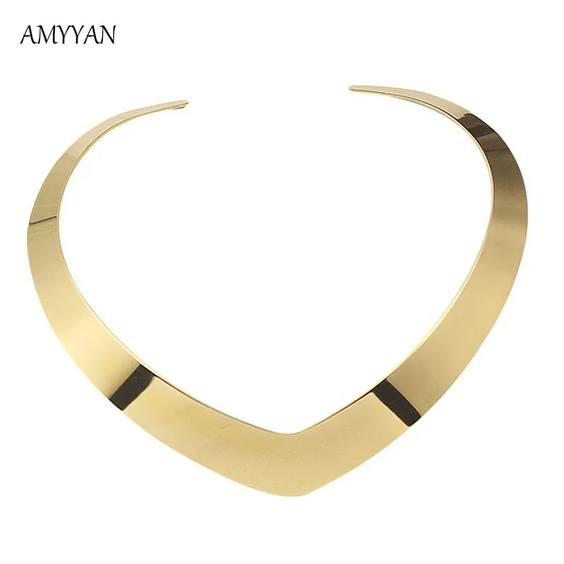 Hand-buffing Gold Color 316L Stainless Steel Statement Necklace Chunky Torques V Shape Clavicle Women Jewelry