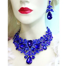 Roay Blue Color Women Jewelry  Rhinestone Crystal Earrings Set Bridal Prom Party Pageant Dress Christmas Gift Chain Accessories