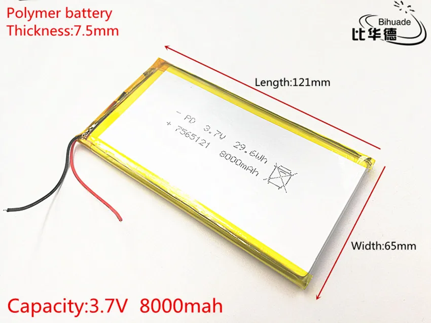 3.7 V 8000 mAh 7565121 bateria litowo polimerowa bateria li-po akumulator litowo jonowy akumulator baterie do Mp3 MP4 DIY PAD DVD