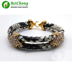 Fashion Python Skin Snake 5MM Men with Stainless Steel BOX Circle Bangle Bracelet For Watch Gift