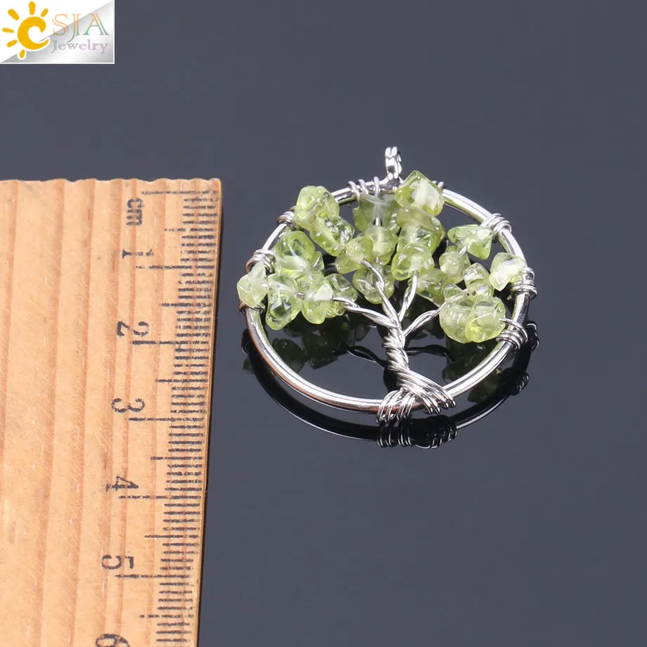 CSJA Tree of Life Necklace & Pendant Silver Color Crystal Natural Gem Stone Chip Beads 7 Chakra Wire Wrapped Women Jewelry F141