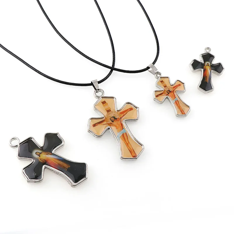 Double Enamel Divine Mercy Love Jesus Religion Motivational Crucifix Pendants and Black Rope Wire Cross Pendants Necklace 45cm