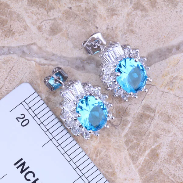 Distinctive Sky Blue Cubic Zirconia White CZ Silver Plated Jewelry Sets Earrings Pendant Ring Size 6 / 7 / 8 / 9 / 10 S0421