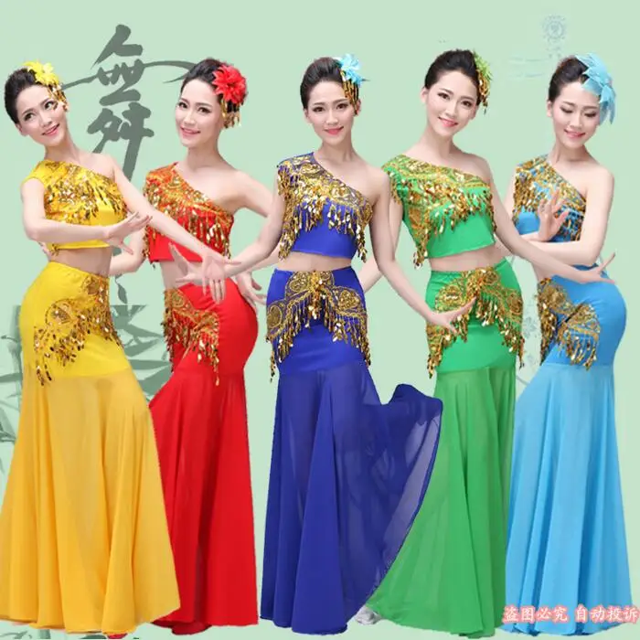 Novo chinês tradicional vestido meninas feminino dai nacional folk fã dança traje longo sereia pavão dança traje vestido