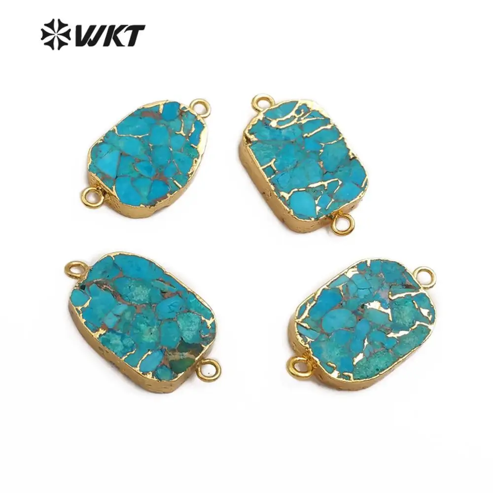 

WT-C282 Natural Blue Vein Green Stone Pendant Double Hoops Natural Stone Connector Gold Pendant For Women Jewelry Making