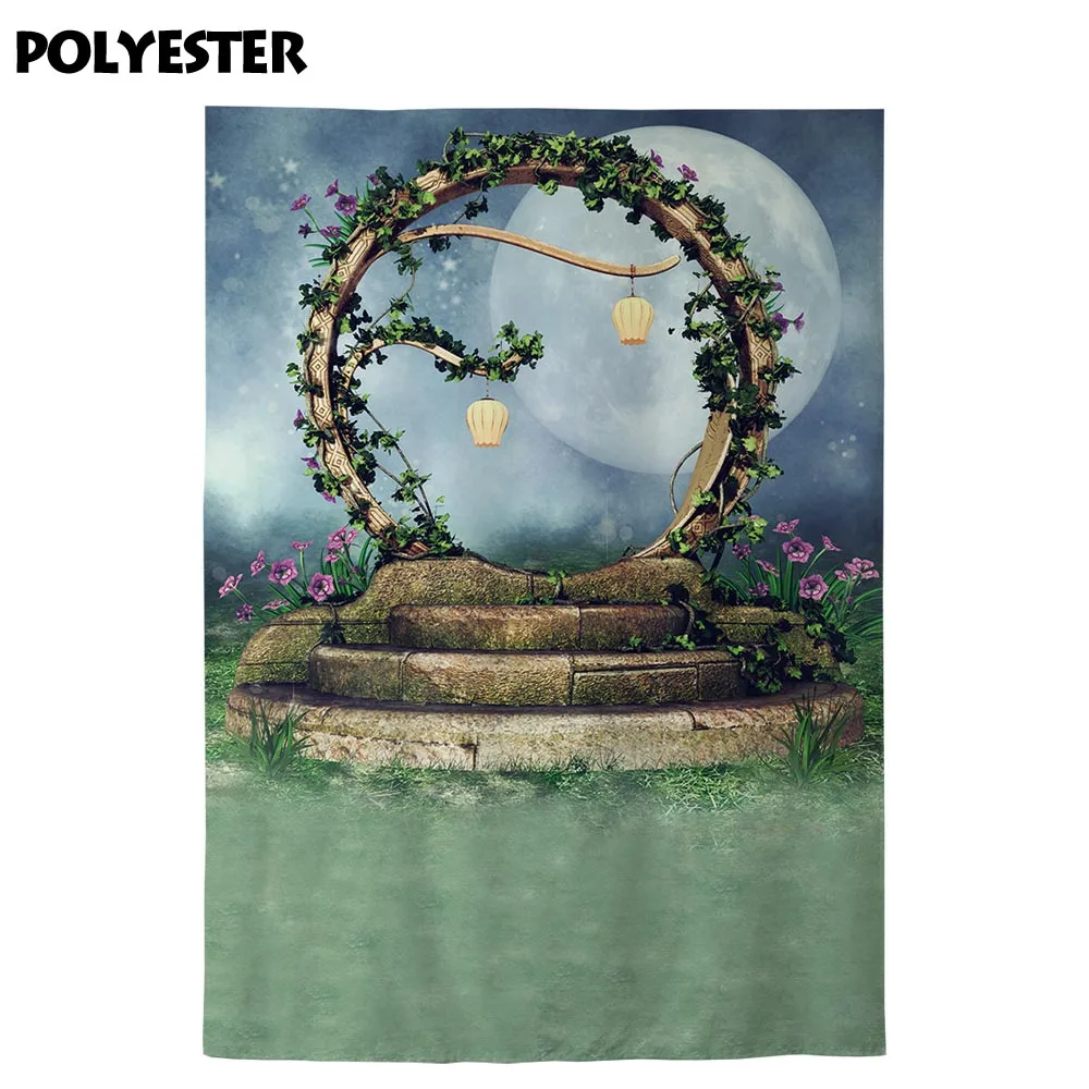 Allenjoy-خلفية تصوير احترافية ، مشهد ليلي ، قمر ، لبلاب ، بوابة ، فوانيس ، زهور ملونة ، كشك تصوير