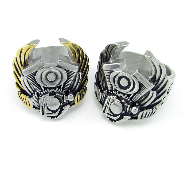 Punk 316L Stainless Steel Silver Color Gold Plated Wings Engine Biker Ring Men\'s Motorcycle Band Party Rings