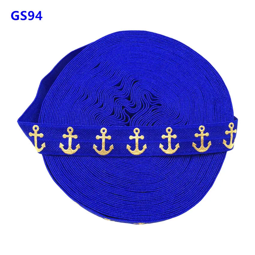 

10Yards/Lot 5/8" 16mm Gold &Silver Foil Anchor Printed Fold Over Elastic Ribbon DIY Pack Stuffs Hair Band Making Accessories