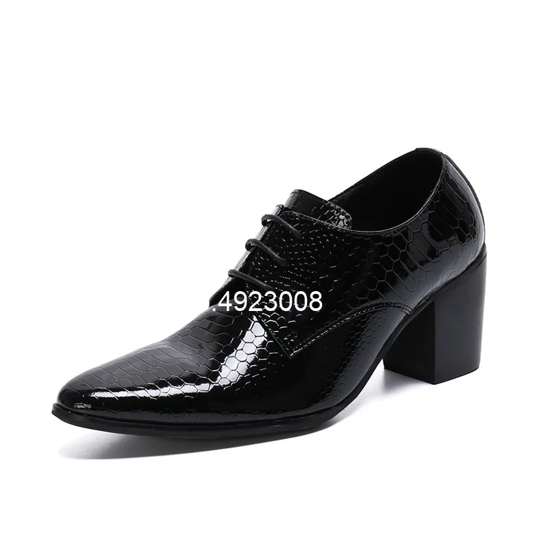 8cm Men High Heels Genuine Leather Dress Shoes Lace Up Black Oxford Shoes For Men Thick Heel Snake Pattern Mens Classic Shoes