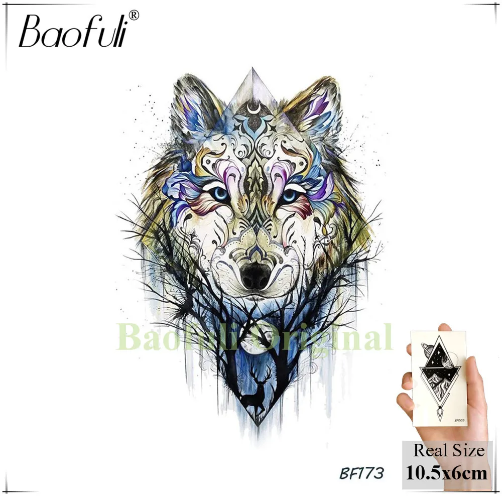 Baofuli Watercolor Wolf Temporary Tattoos For Women Forest Body Art Tatto Waterproof Fake Flash Tattoo Body Arm Cactus Bear Men