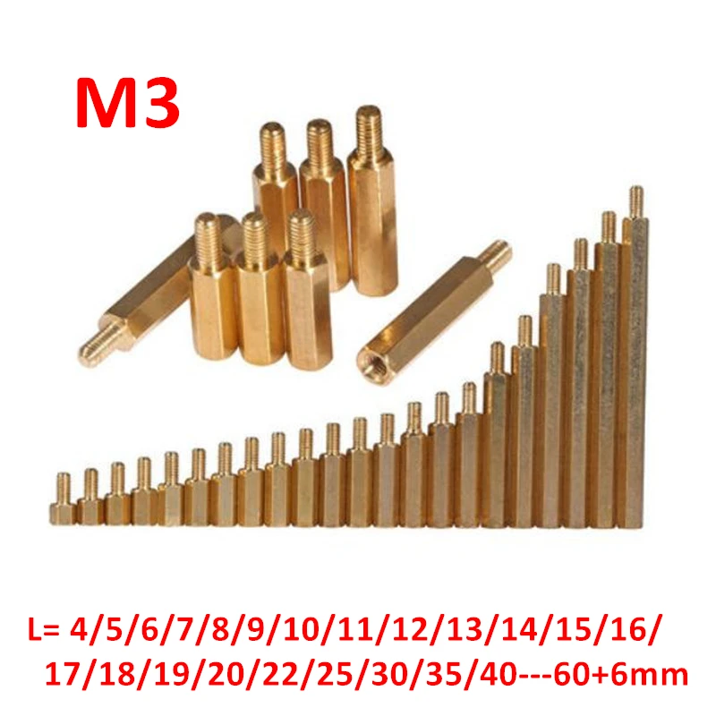 M3 Hex Brass standoff spacer Male 6mm x Female 3-60mm Copper Hexagon Stud Spacers Copper Hollow Pillars PCB Board M3*(4-50)+6mm