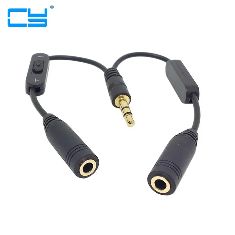 5pcs/lote Preto 3.5mm Macho Estereo para Duplo 3.5mm Feminino Audio Headphone Y Splitter Cabo com Interruptor de Volume