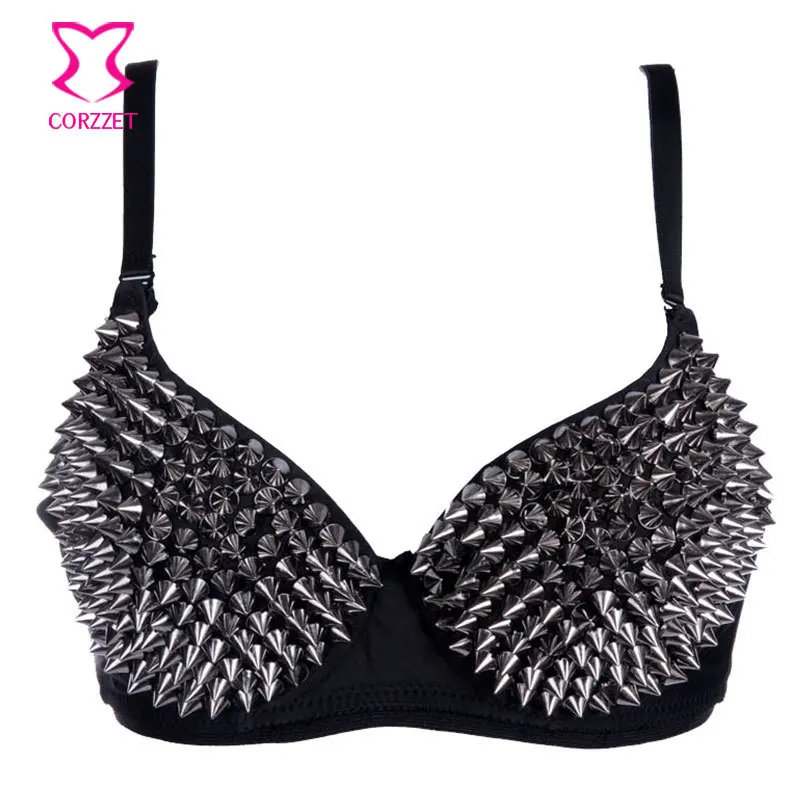 Uderzający metaliczny biustonosz z kolcami Top Soutien Gorge Push Up seksowny biustonosz Punk Bralette klubowy strój do tańca biustonosze z ćwiekami bielizna damska