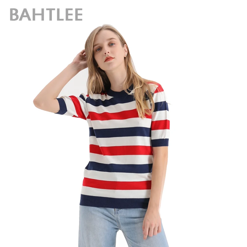 

Bahtlee-Short Sleeve Knitted Pullover for Women, O-Neck Sweater, Multi Striped Jumper, Preppy Style, Summer