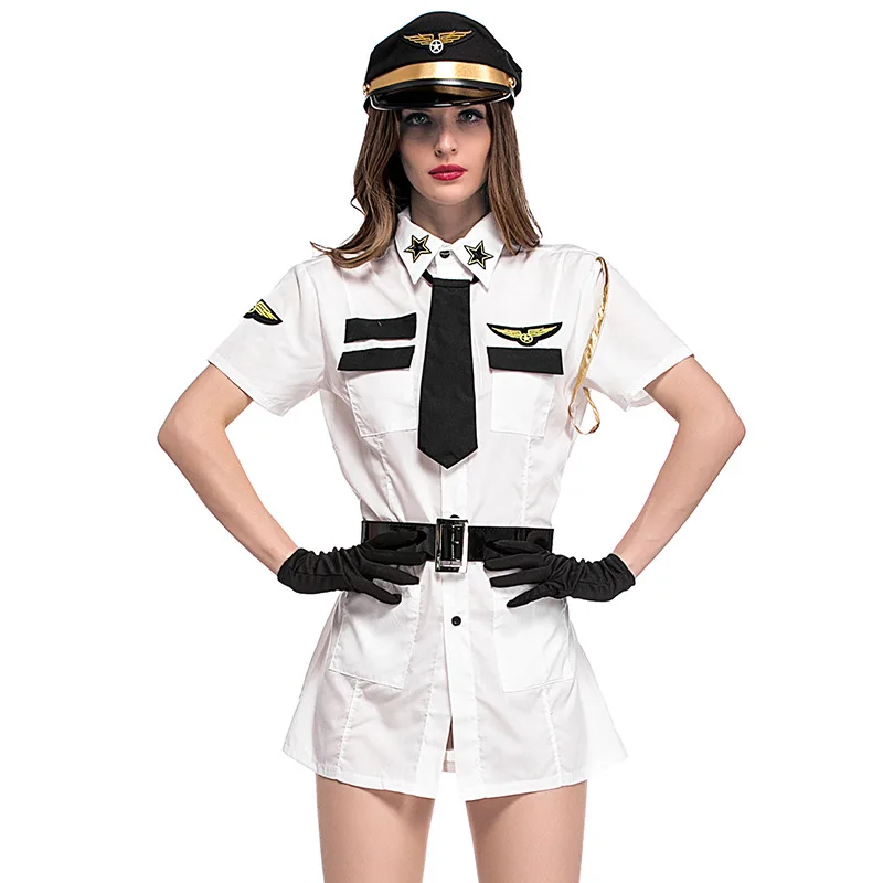 Sexy White Aviator Costume Halloween Carnival Party Cosplay  Female Police Cop Officer Uniform Fancy Dress