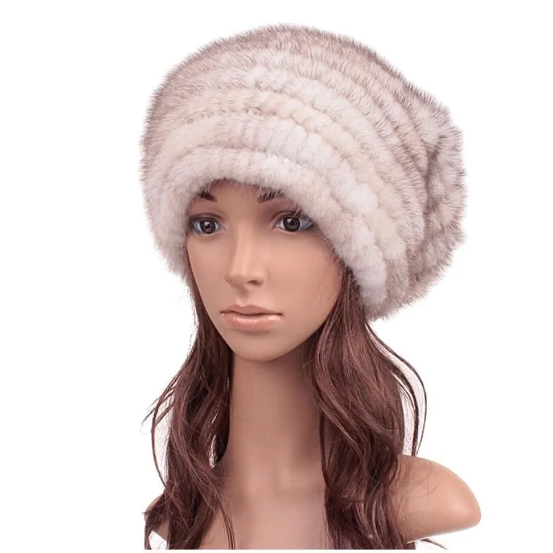 Natural mink fur baggy hat for women autumn winter white 4 colors big marten fur caps knitted fur warm hats H145