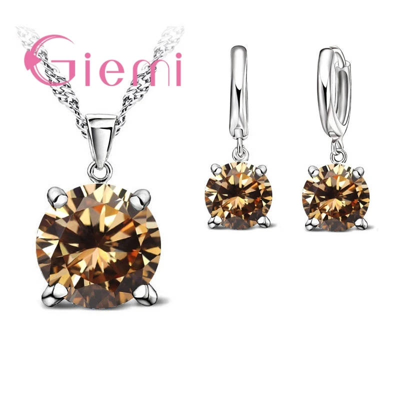 Top Quality Real 925 Silver Needle Wedding Jewlery Sets Women 5A Cubic Zirconia Round Pendant Necklace Hoop Earring Sets
