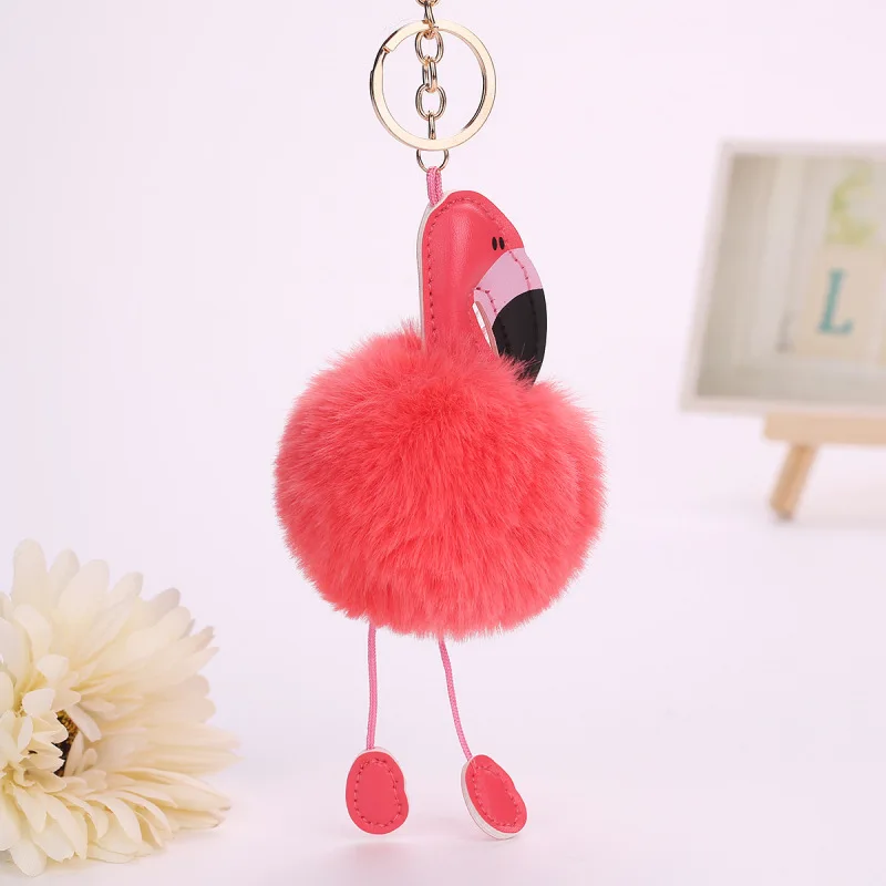 Original Pink Fluffy Pompom Flamingo Keychain Women Faux Rabbit Fur Ball Pompon Key Chain Car Bag  Pom Pom Key Rey Ring Holder