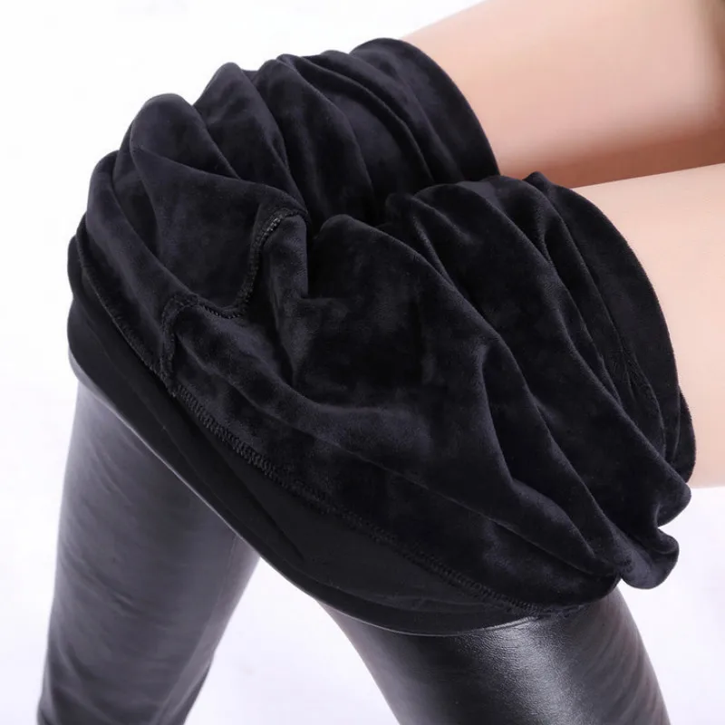 

Winter Leather Leggings Women High Waist Warm Black Leggins Punk Push Up Leggings Thick Velvet Solid Legging S -2xl