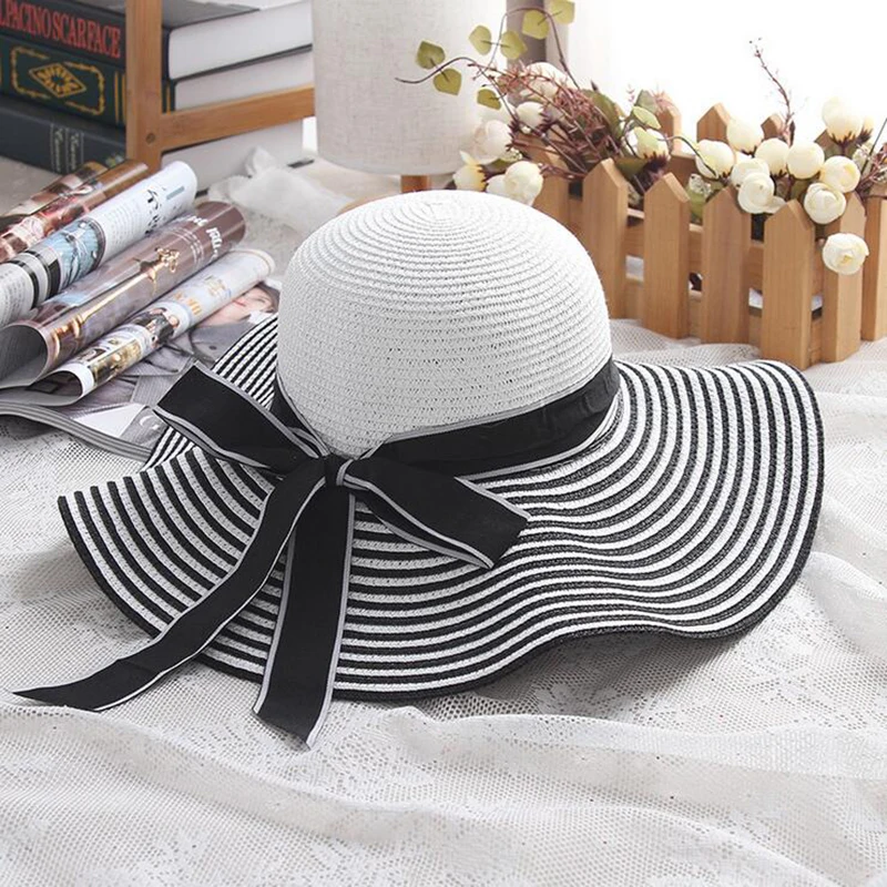 2019 Hot Sale Fashion Hepburn Wind Black White Striped Bowknot Summer Sun Hat Beautiful Women Straw Beach Hat Large Brimmed Hat